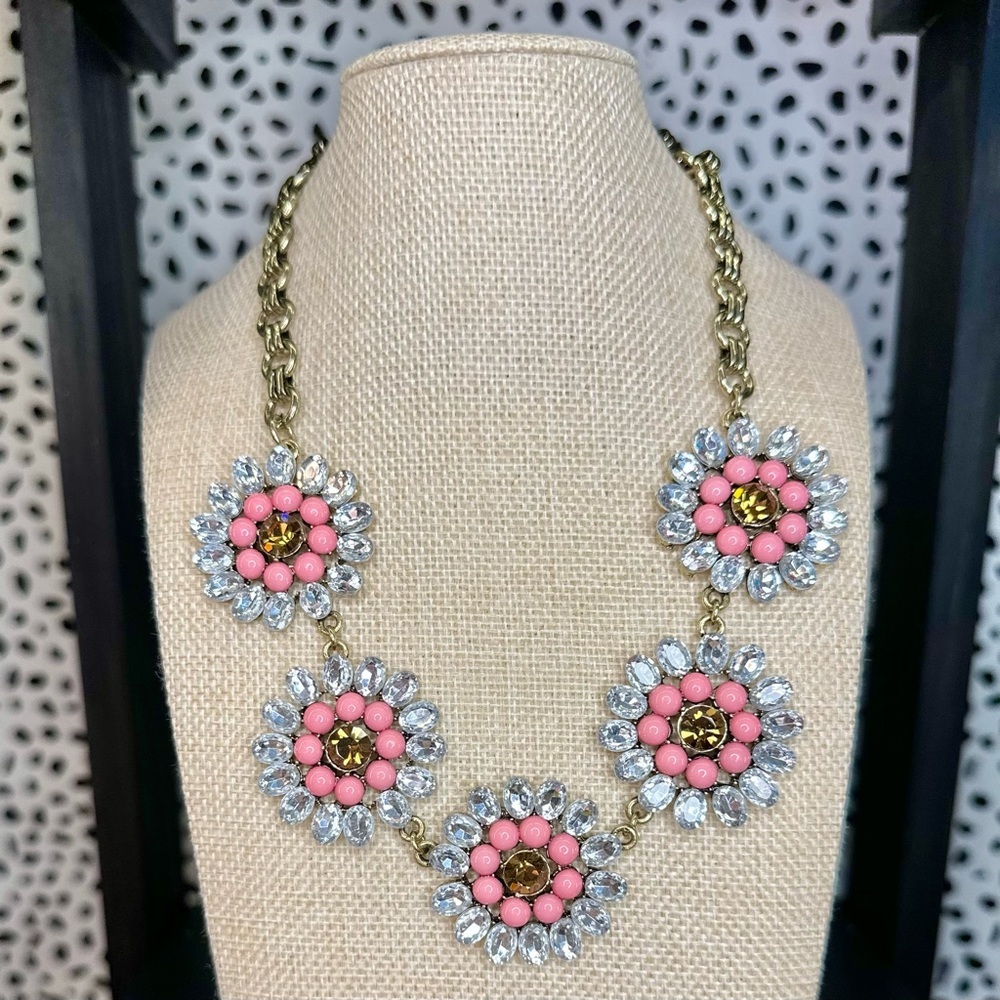 Nwt Leslie Danzis Gold Tone Pink Floral Statement Necklace Large Chunky Sparkly